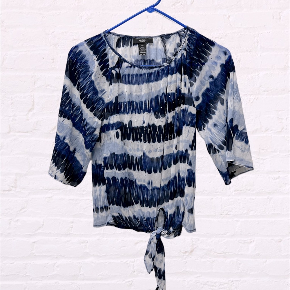 Alfani tie dye blue white studded semi sheer top blouse petite small